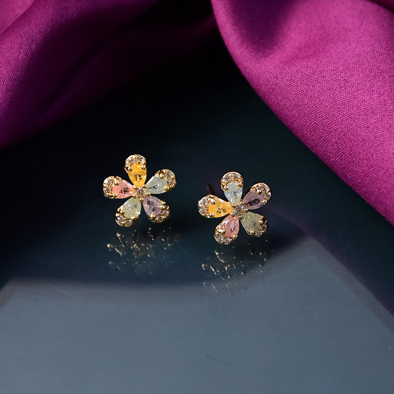 Crystal Petal Flower Stud Earrings – Vibrant Multicolor Gold Finish