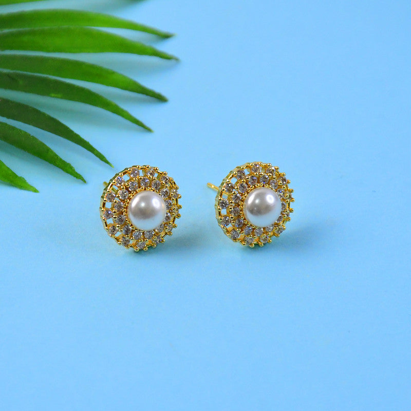 Pearl Stud Earrings – Elegant Gold Finish with Crystal Border