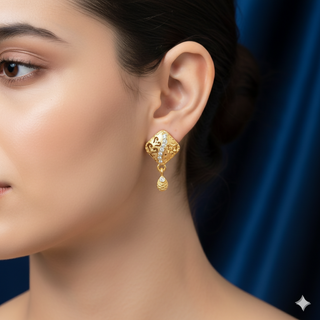 Gold Plated Rhombus Drop Earrings – Intricate Filigree & AD Stones