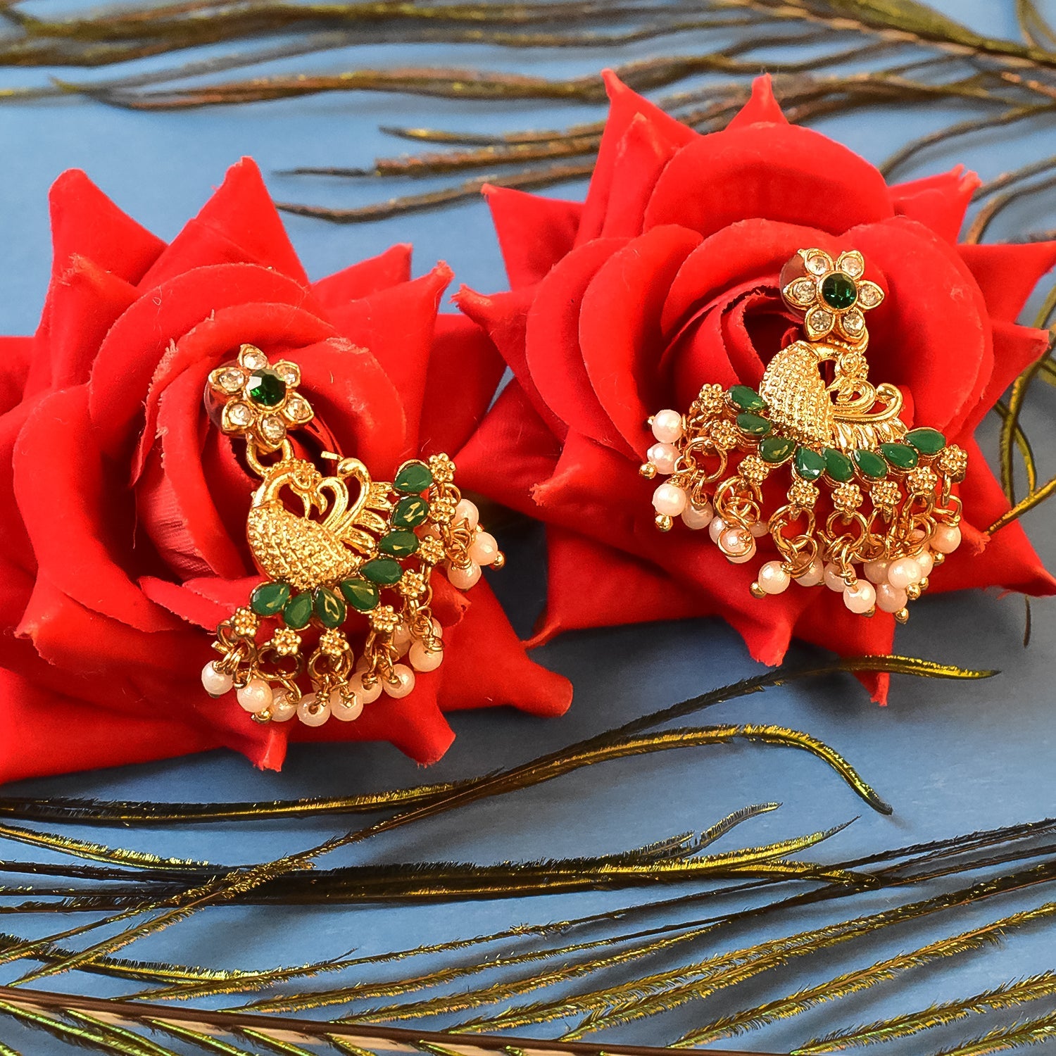 Peacock Design American Diamond Pearl Earrings – Elegant Gold Polish
