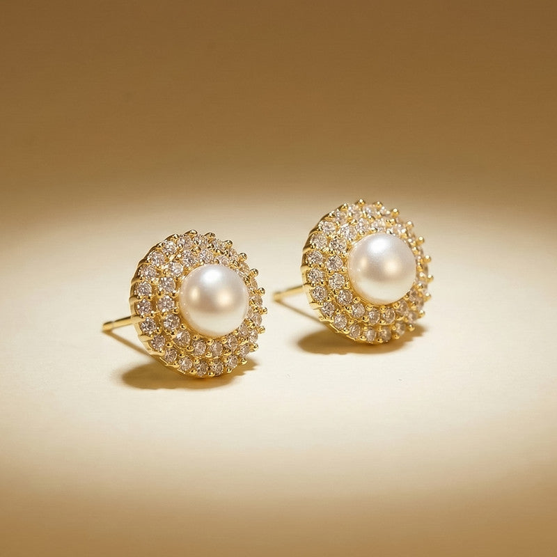 Pearl Stud Earrings – Elegant Gold Finish with Crystal Border
