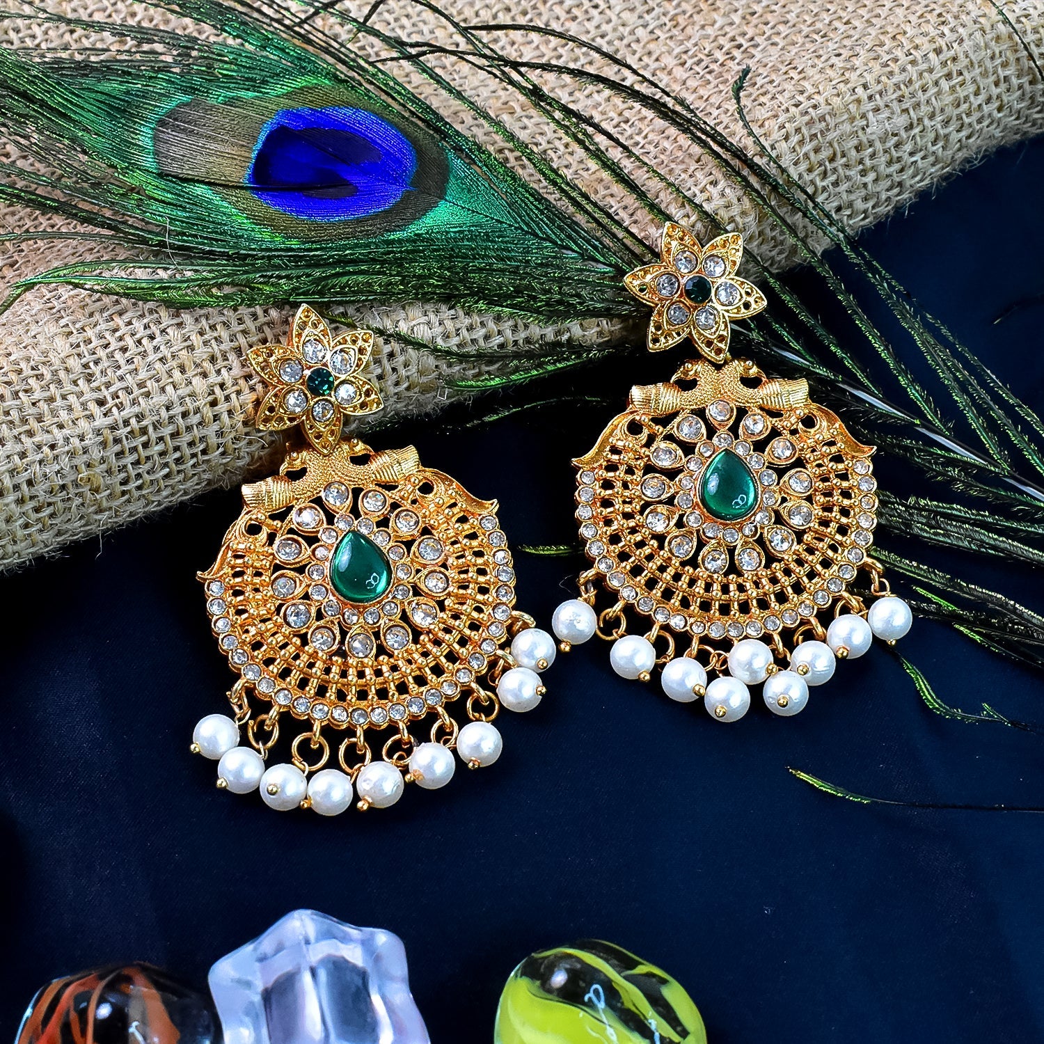 Peacock Design American Diamond Pearl Earrings – Elegant Dangle Pair