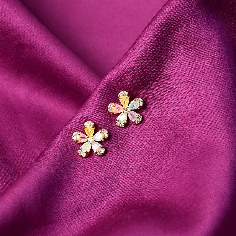 Crystal Petal Flower Stud Earrings – Vibrant Multicolor Gold Finish