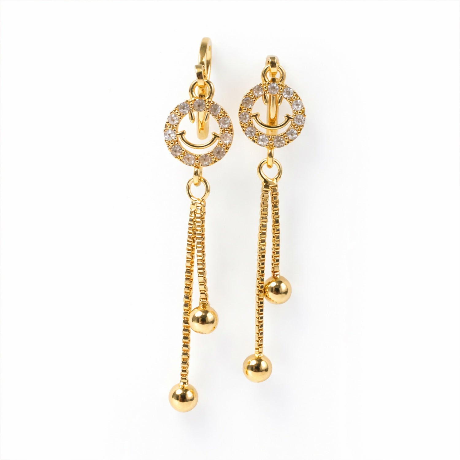 Gold-Tone Smiley Crystal Tassel Drop Earrings – Elegant Dangle Style