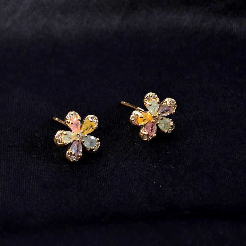 Crystal Petal Flower Stud Earrings – Vibrant Multicolor Gold Finish