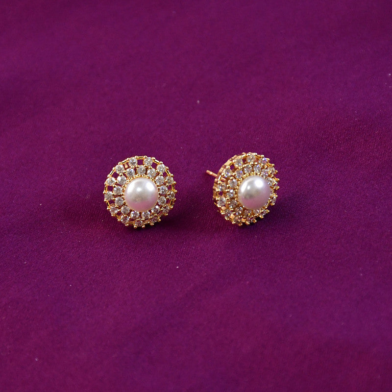 Pearl Stud Earrings – Elegant Gold Finish with Crystal Border