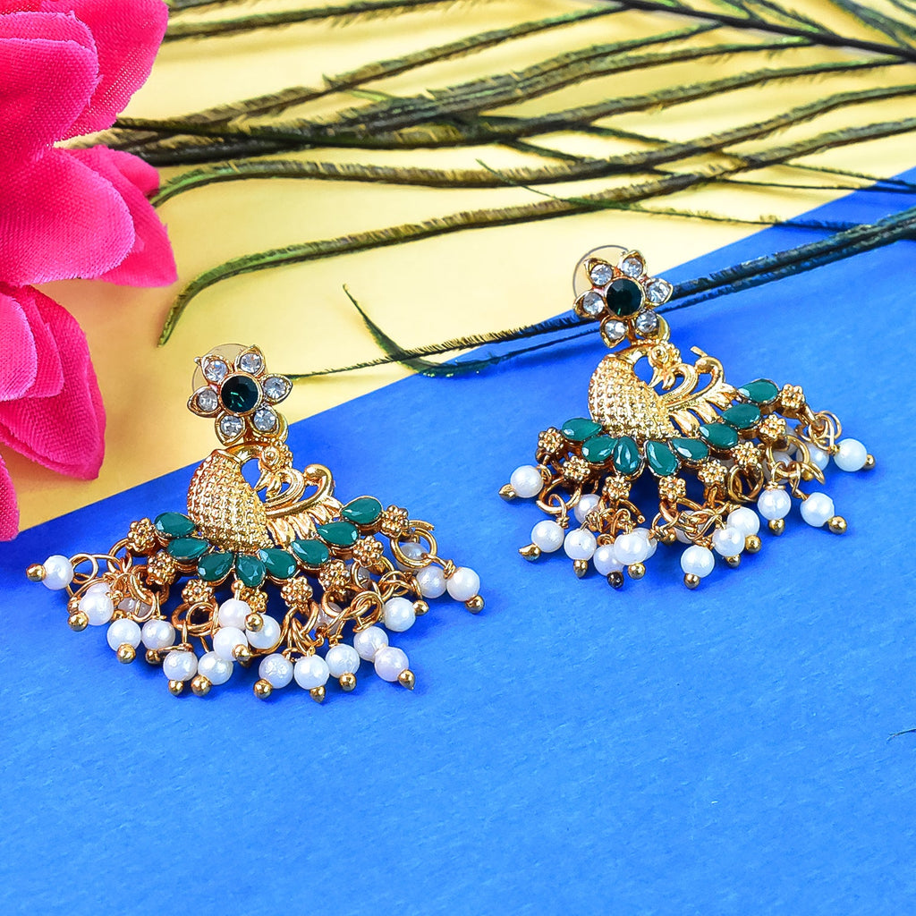 Peacock Design American Diamond Pearl Earrings – Elegant Gold Polish