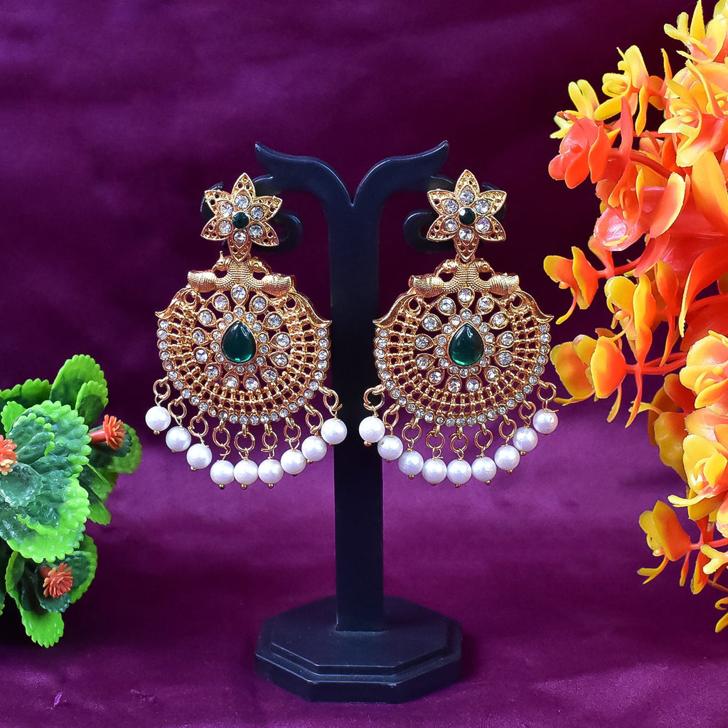 Peacock Design American Diamond Pearl Earrings – Elegant Dangle Pair