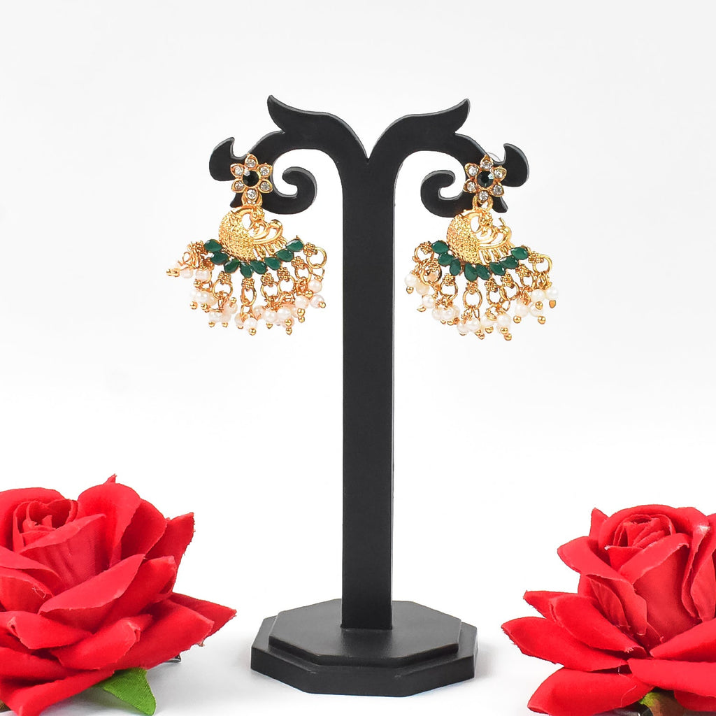 Peacock Design American Diamond Pearl Earrings – Elegant Gold Polish