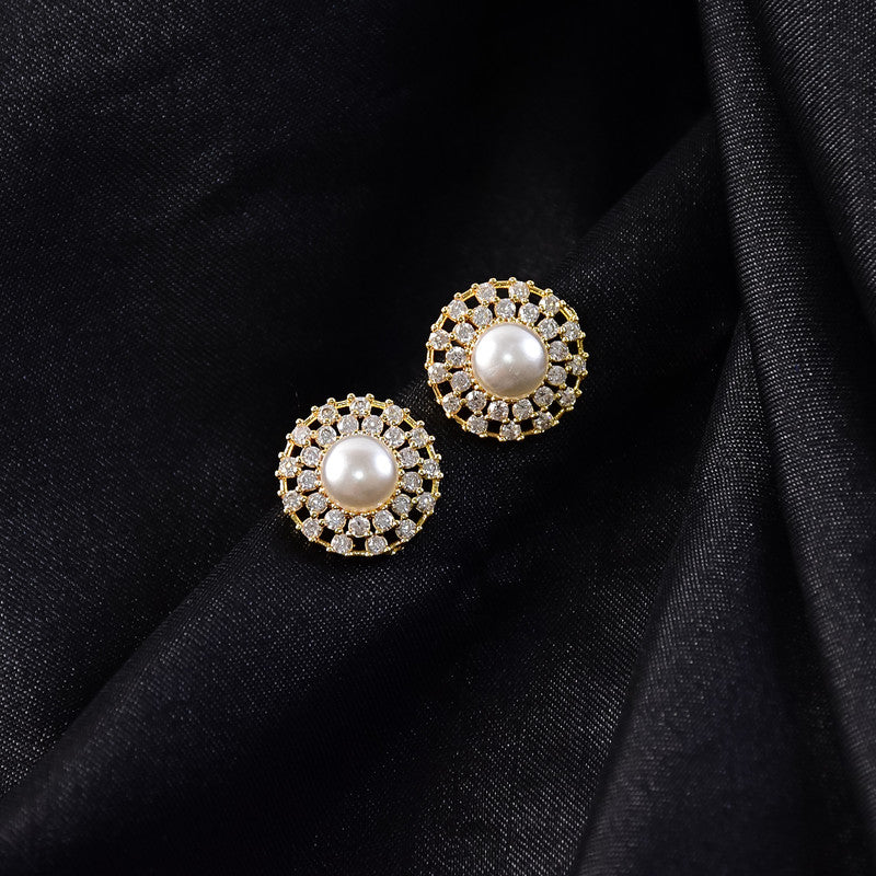 Pearl Stud Earrings – Elegant Gold Finish with Crystal Border