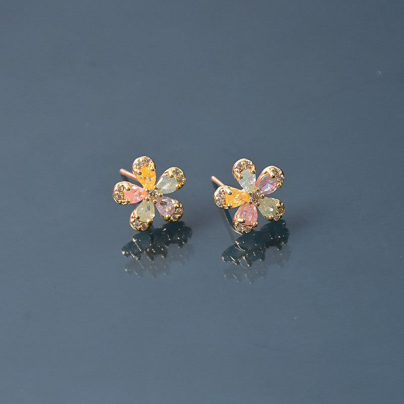 Crystal Petal Flower Stud Earrings – Vibrant Multicolor Gold Finish
