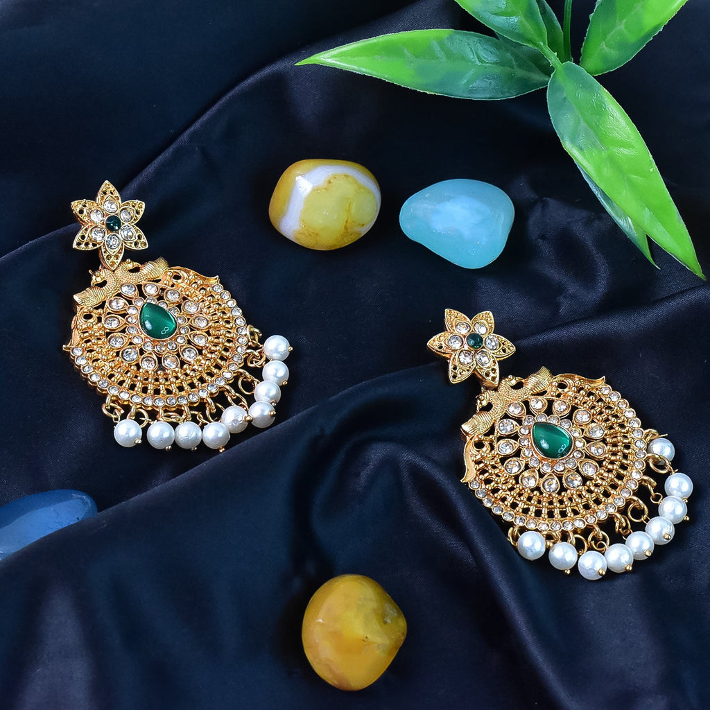 Peacock Design American Diamond Pearl Earrings – Elegant Dangle Pair