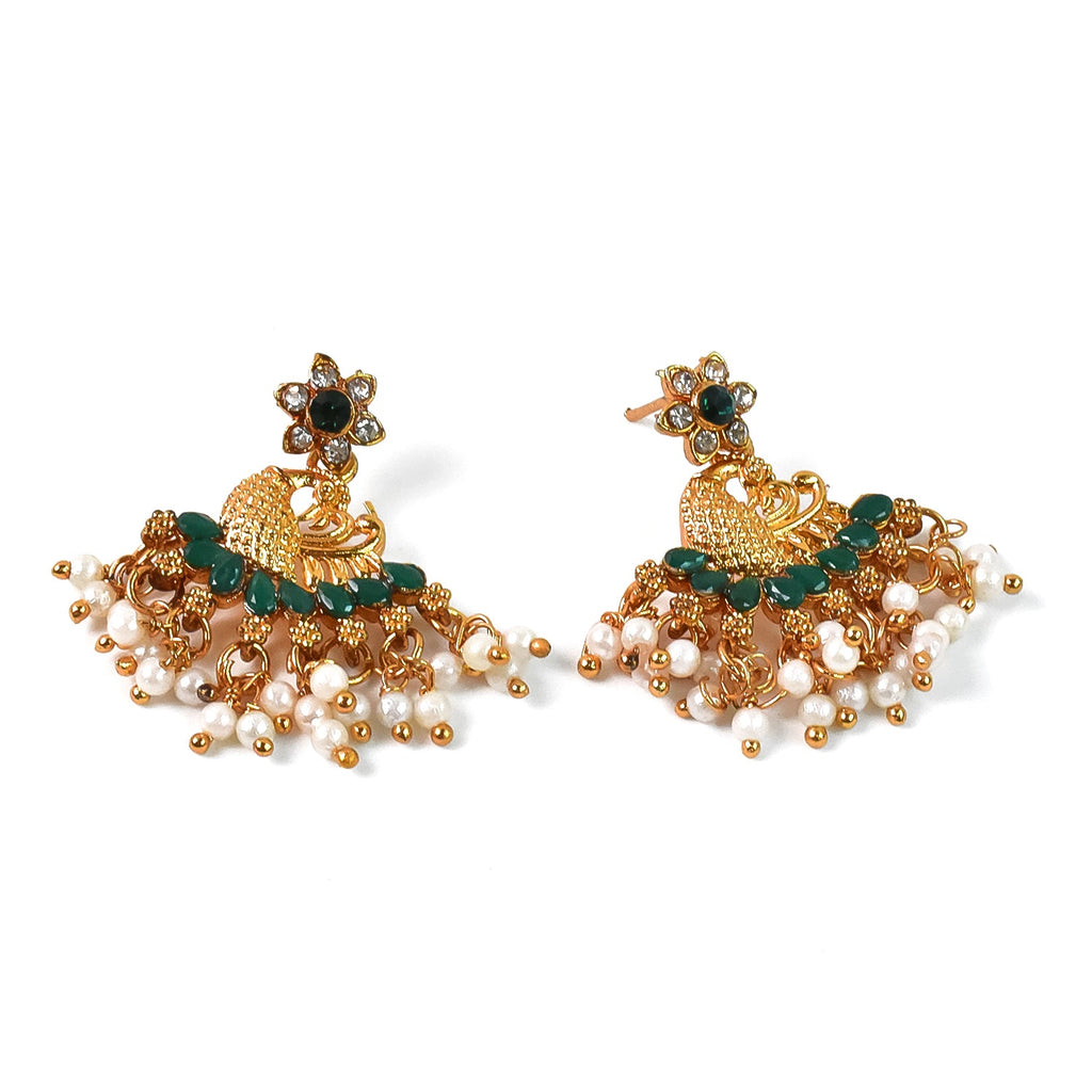 Peacock Design American Diamond Pearl Earrings – Elegant Gold Polish