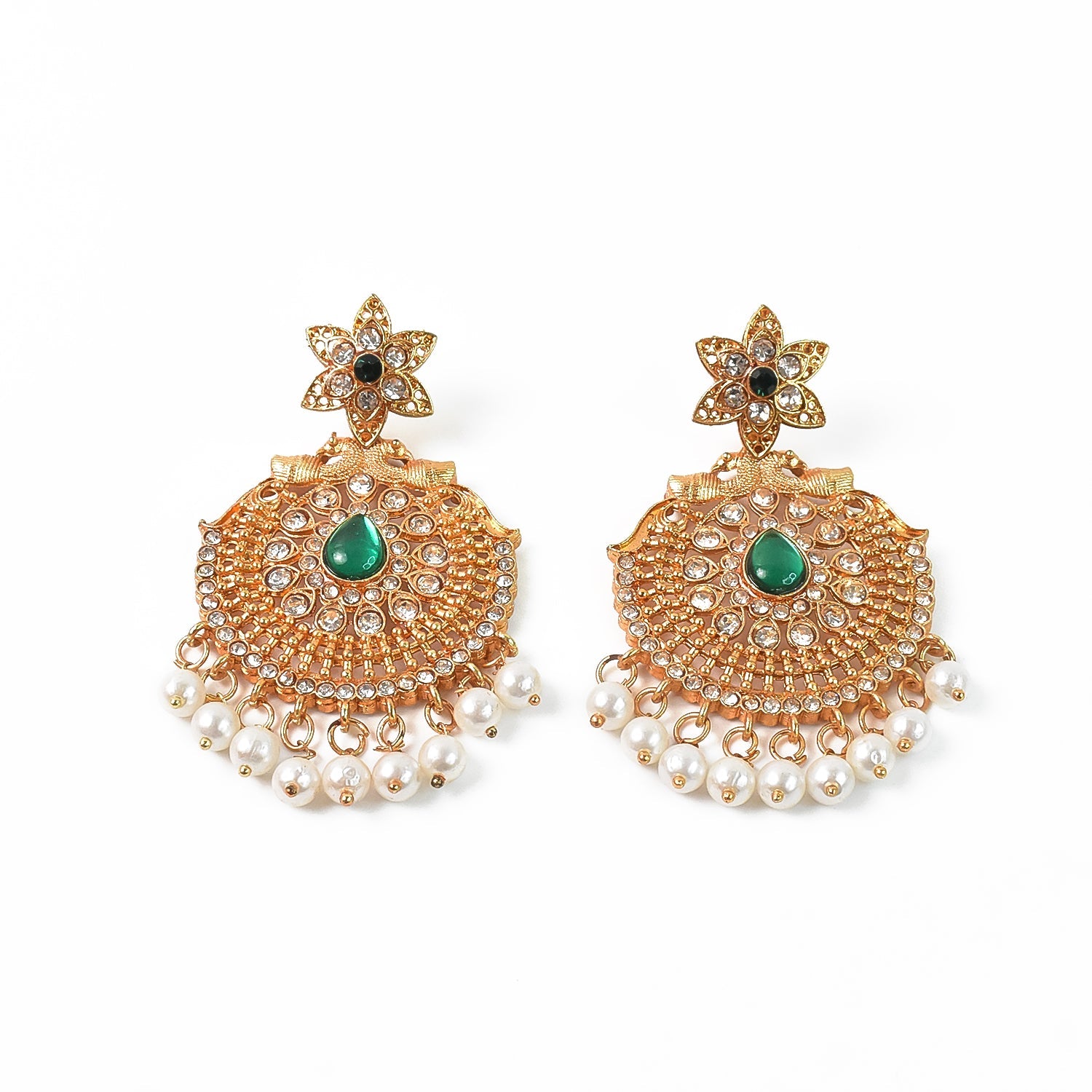 Peacock Design American Diamond Pearl Earrings – Elegant Dangle Pair
