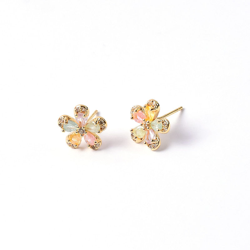 Crystal Petal Flower Stud Earrings – Vibrant Multicolor Gold Finish