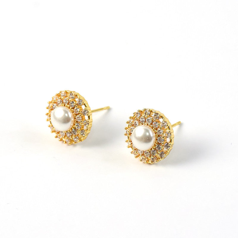 Pearl Stud Earrings – Elegant Gold Finish with Crystal Border