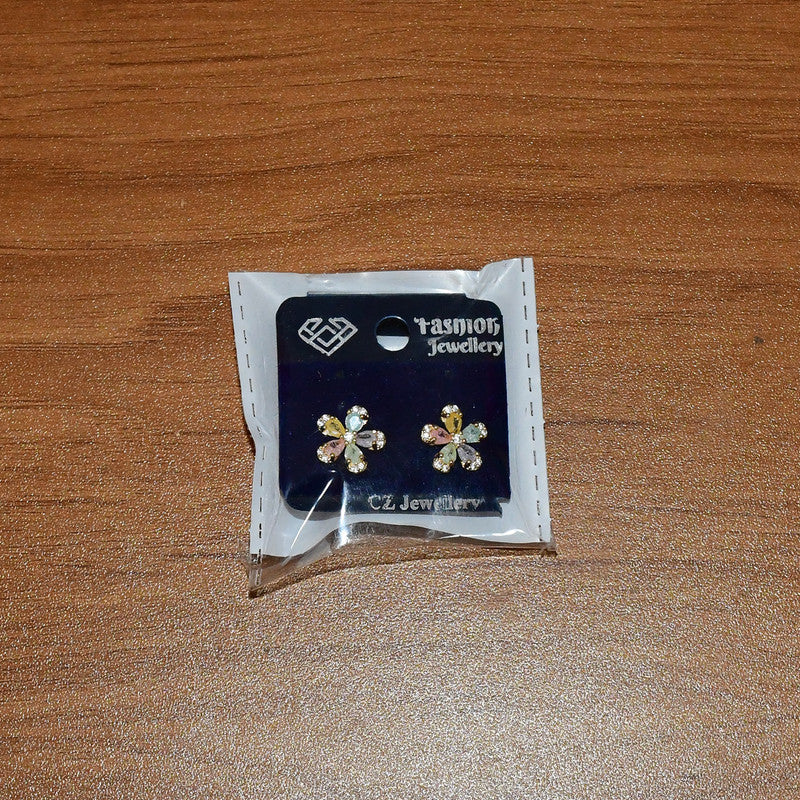 Crystal Petal Flower Stud Earrings – Vibrant Multicolor Gold Finish