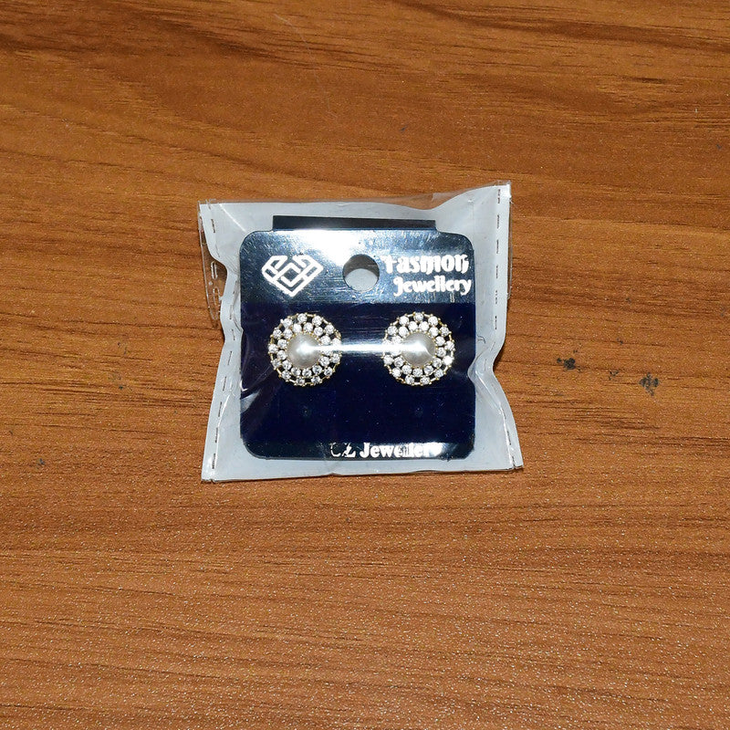 Pearl Stud Earrings – Elegant Gold Finish with Crystal Border