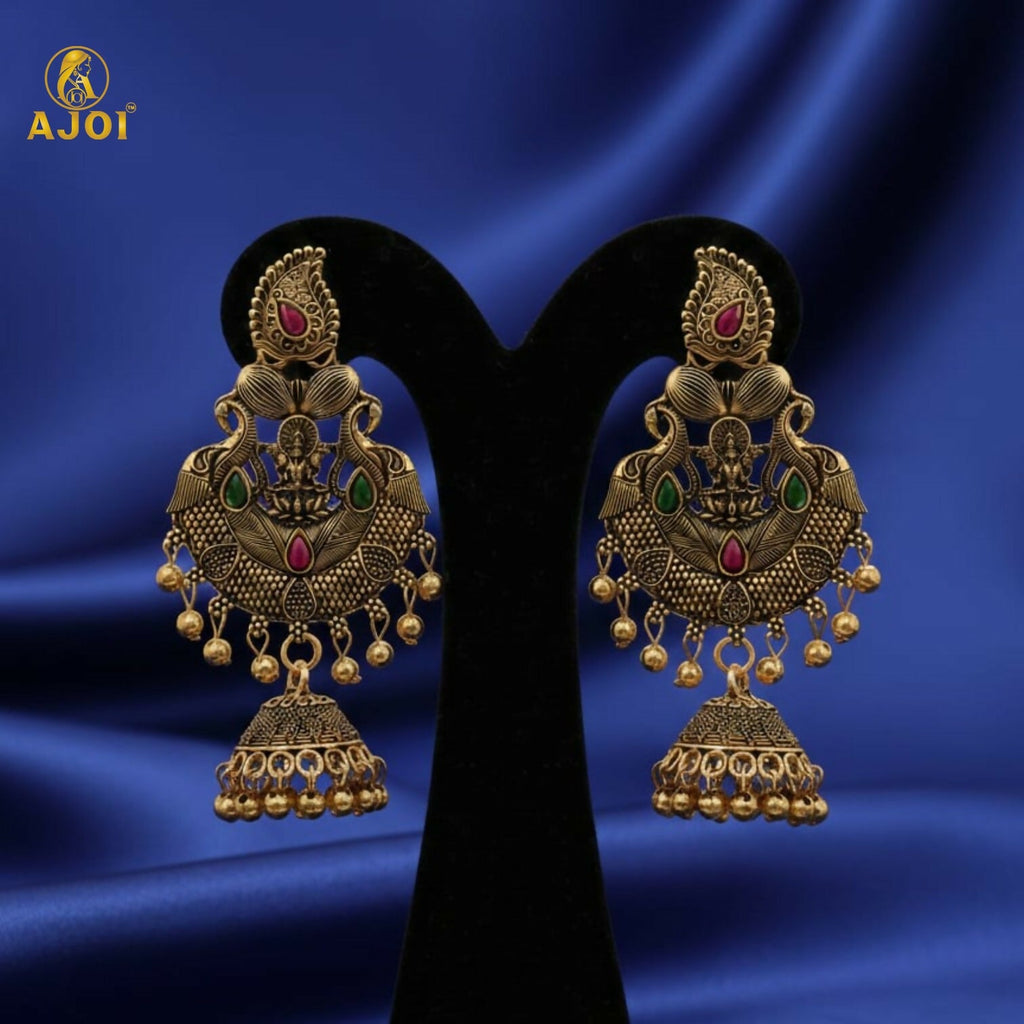 Temple Jhumka Earrings – Antique Gold Plated with Lakshmi Motif