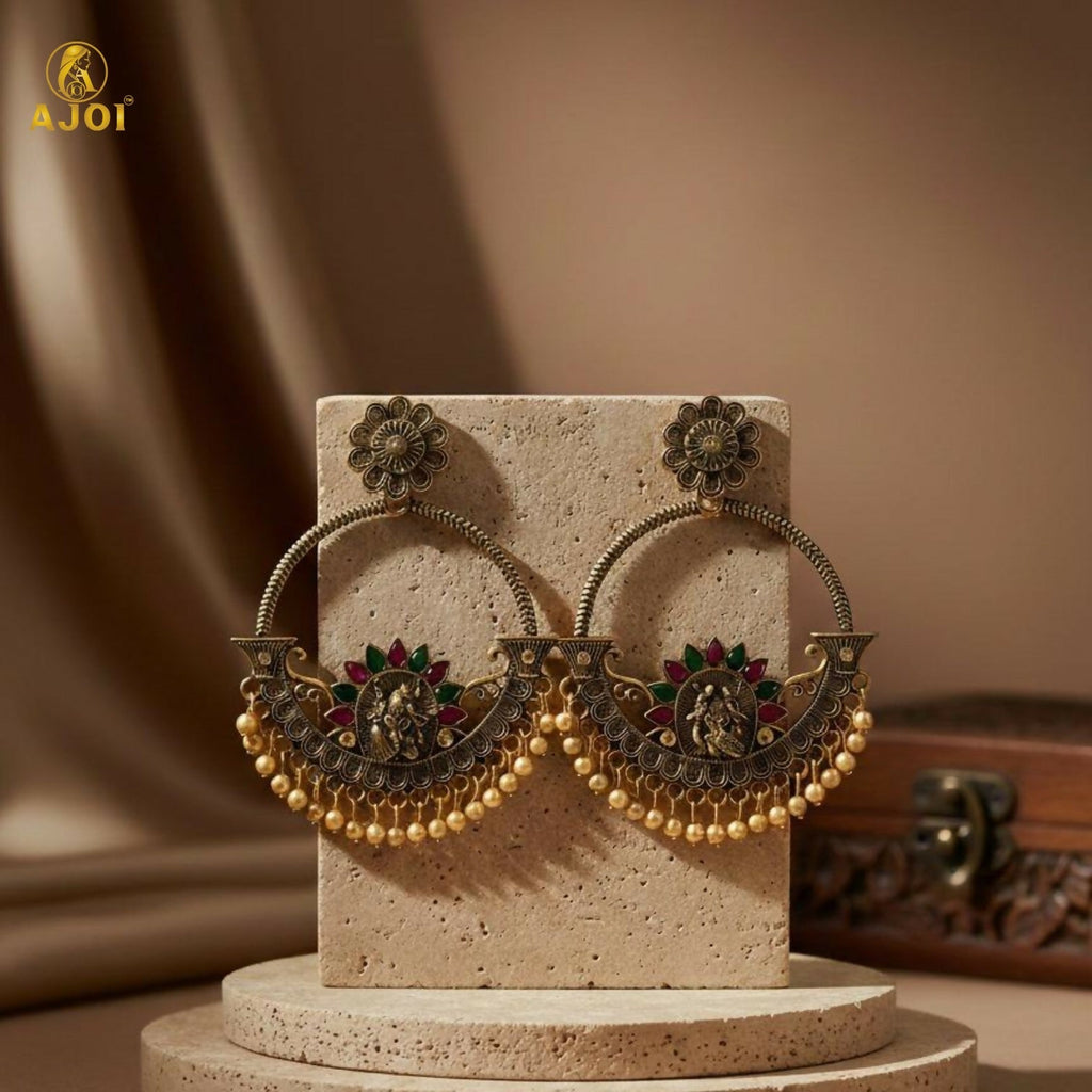 Temple Chandbali Earrings – Radha Krishna Goddess Motif