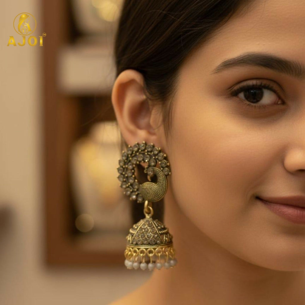 Peacock Design Jhumka Earrings – Antique Grey Elegance