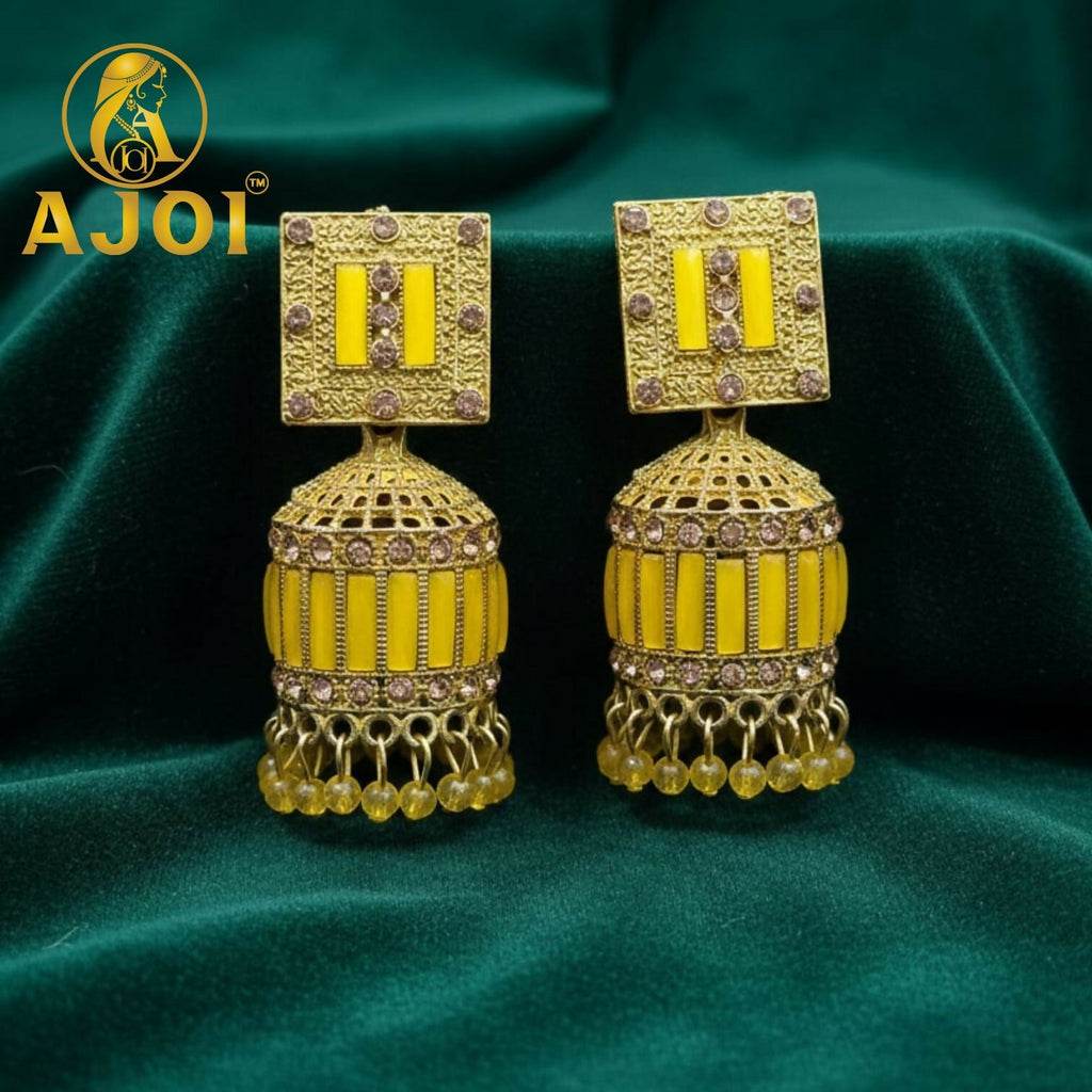 Mustard Yellow Designer Jhumka Earrings – Elegant Stone Detailing