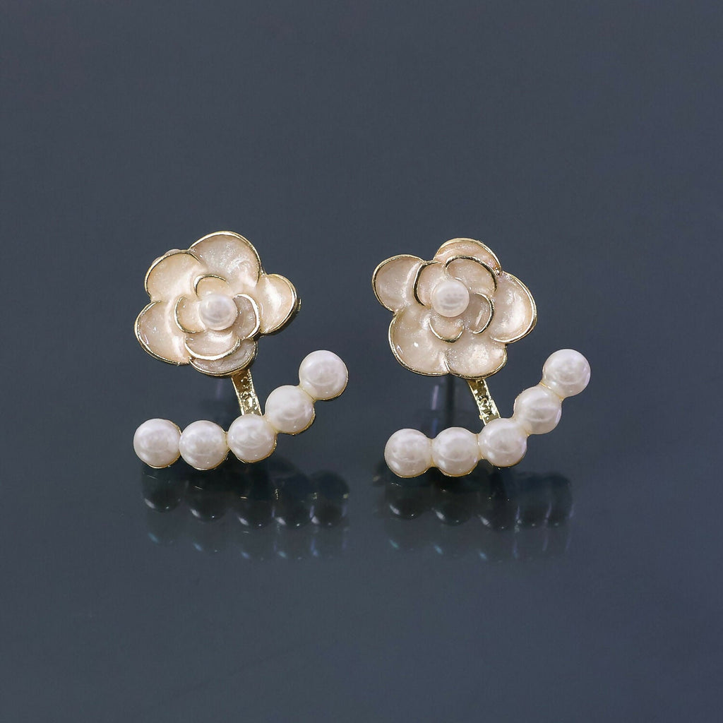 White Camellia Rose Pearl Ear Jackets – Elegant Korean Earrings