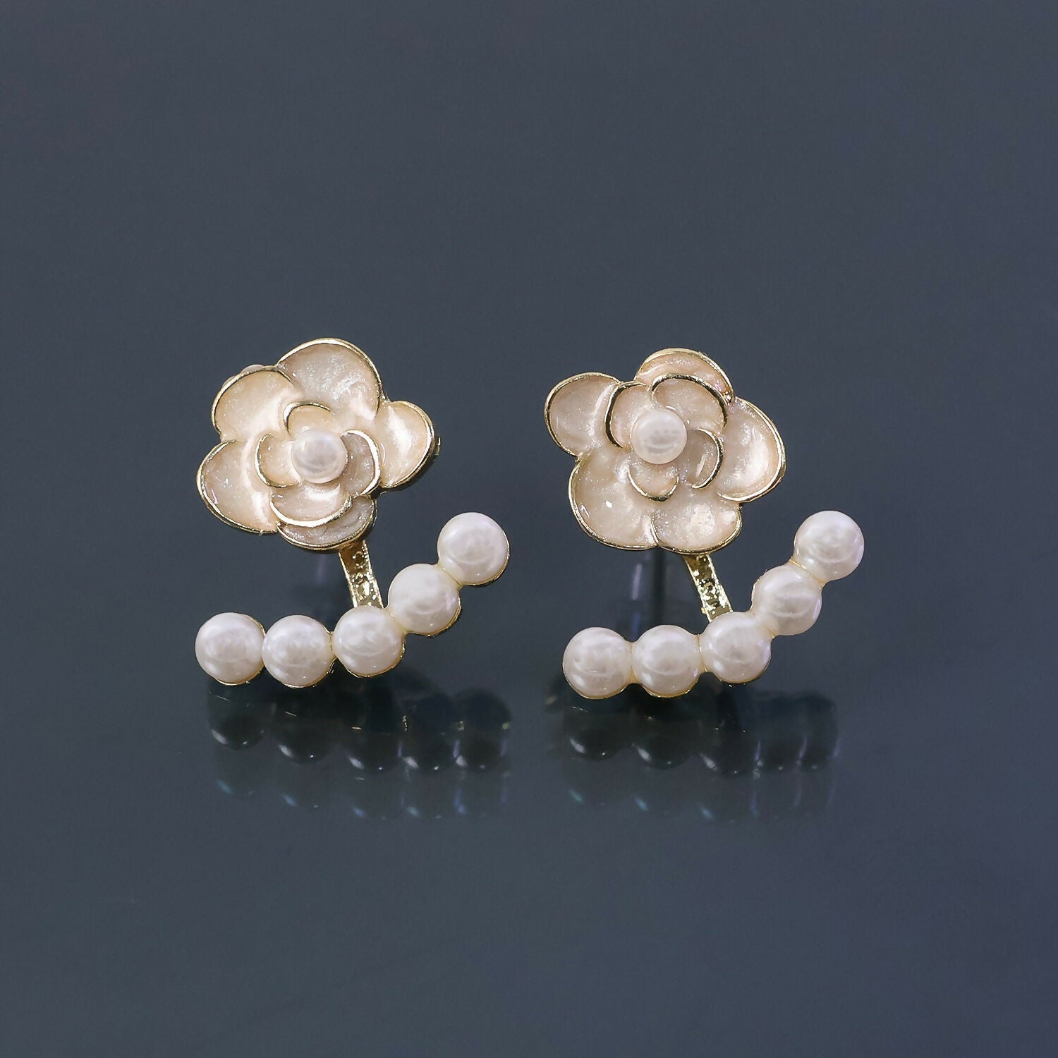 White Camellia Rose Pearl Ear Jackets – Elegant Korean Earrings