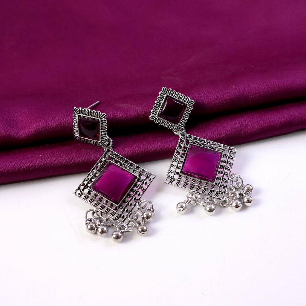 Oxidised Indian Dangler Earrings – Red Square Monalisa Stones