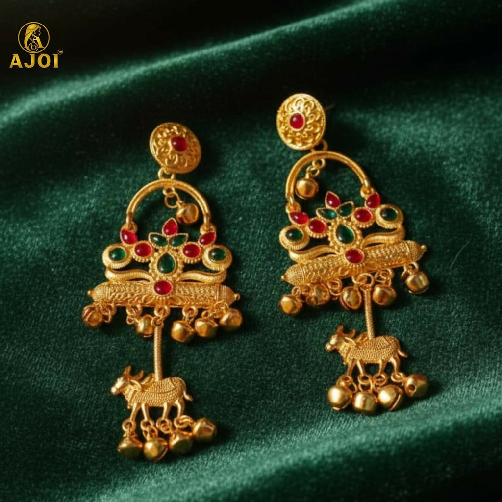 Antique Gold-Plated Tribal Drop Earrings With Red Green Stones