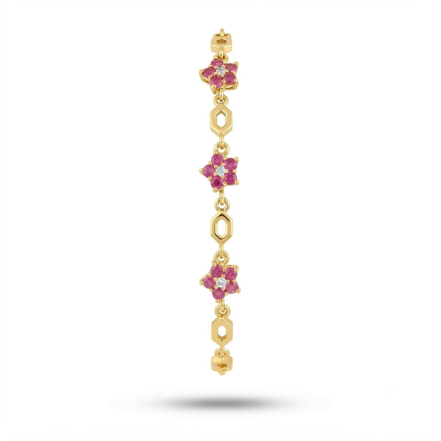 Elegant Pink Floral Stone Gold-Tone Bracelet with Geometric Links for Women & Girls