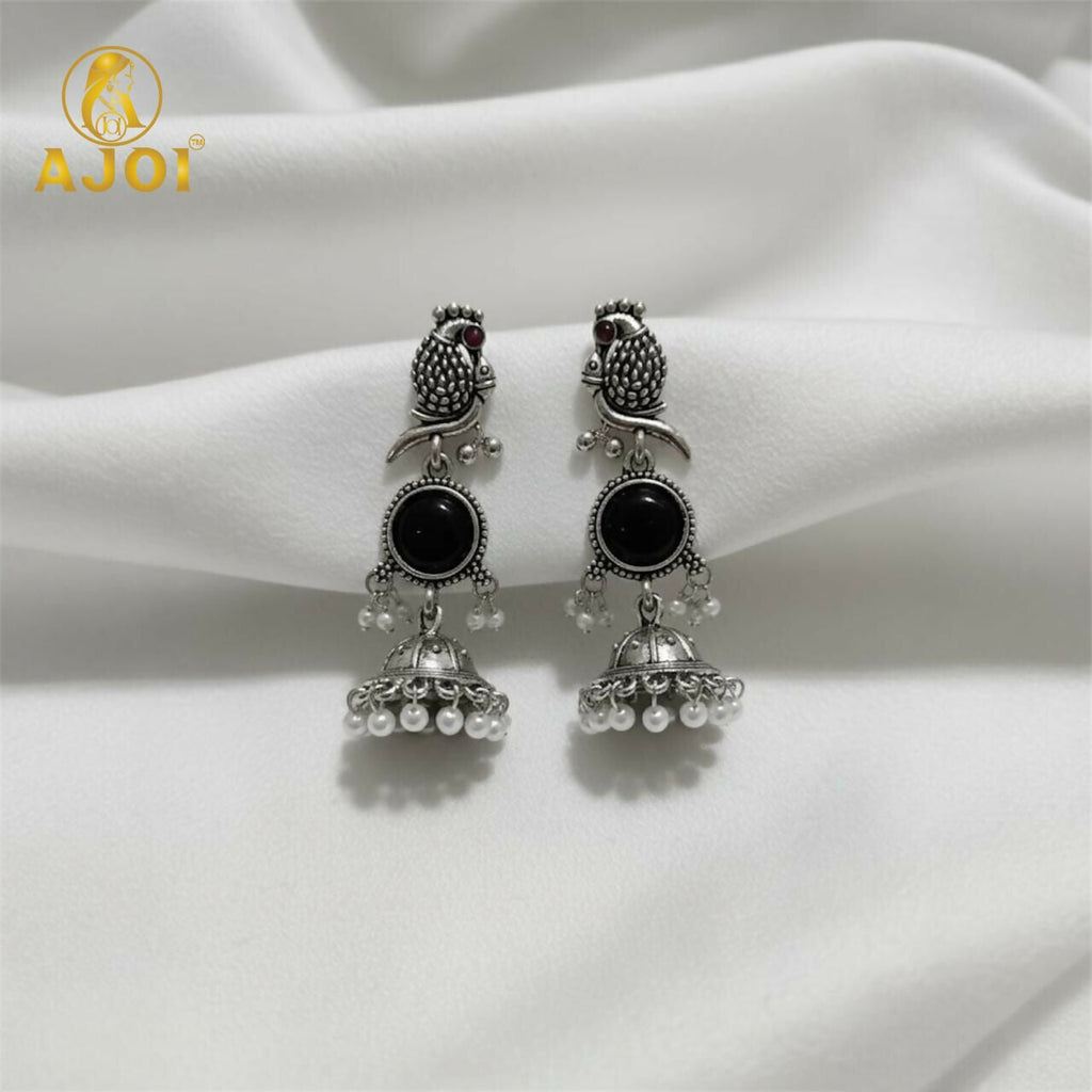 Peacock Earrings – Black Stone Jhumka in Oxidized Silver