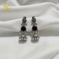 Peacock Jhumka Earrings – Oxidized Silver Finish with Black Stone