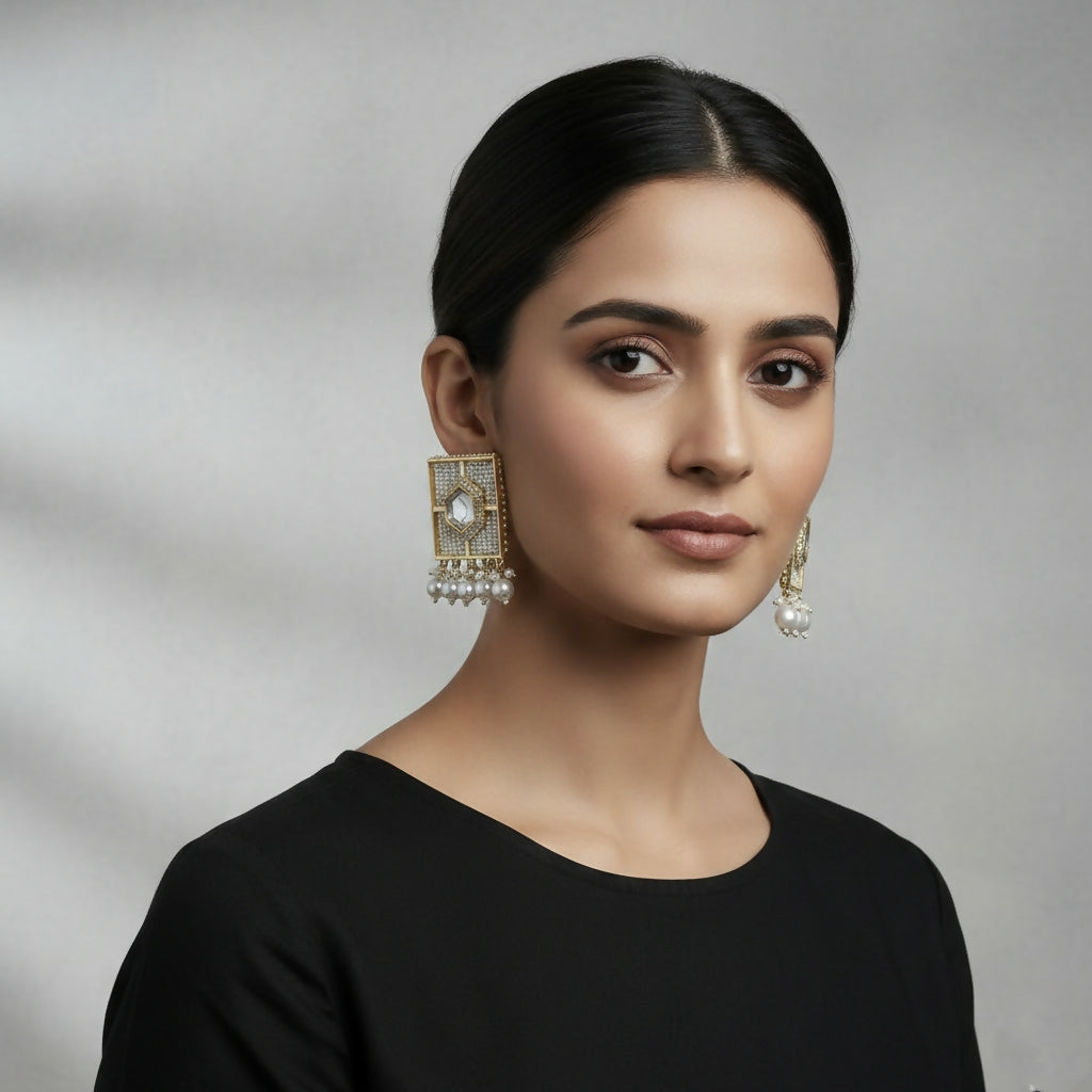 Kundan Jhumka Earrings – Traditional Silver-Toned Pearl Encrusted