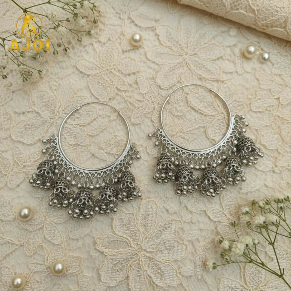 Oxidized Silver Hoop Jhumka Earrings – Intricate Filigree & Bell Danglers