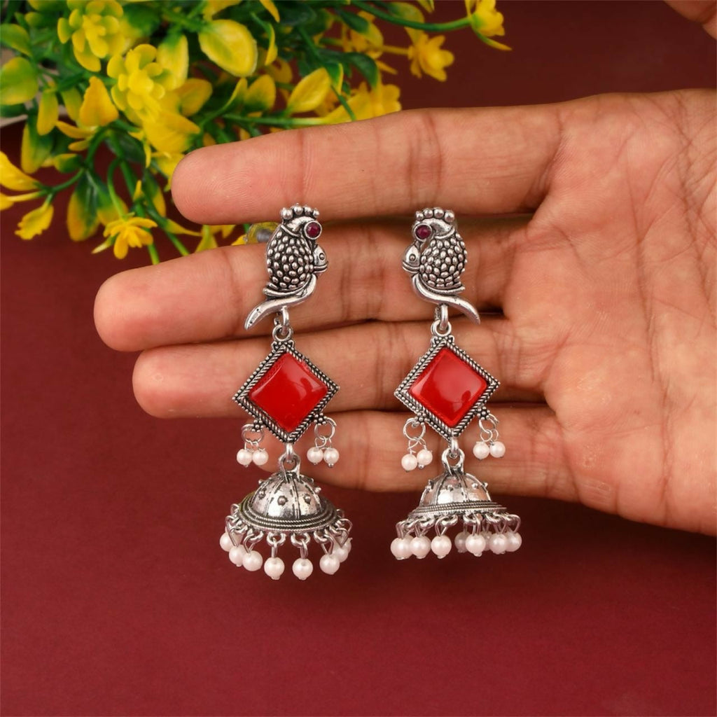 Oxidised Silver Red Stone Jhumka Earrings – Parrot Design Beauty