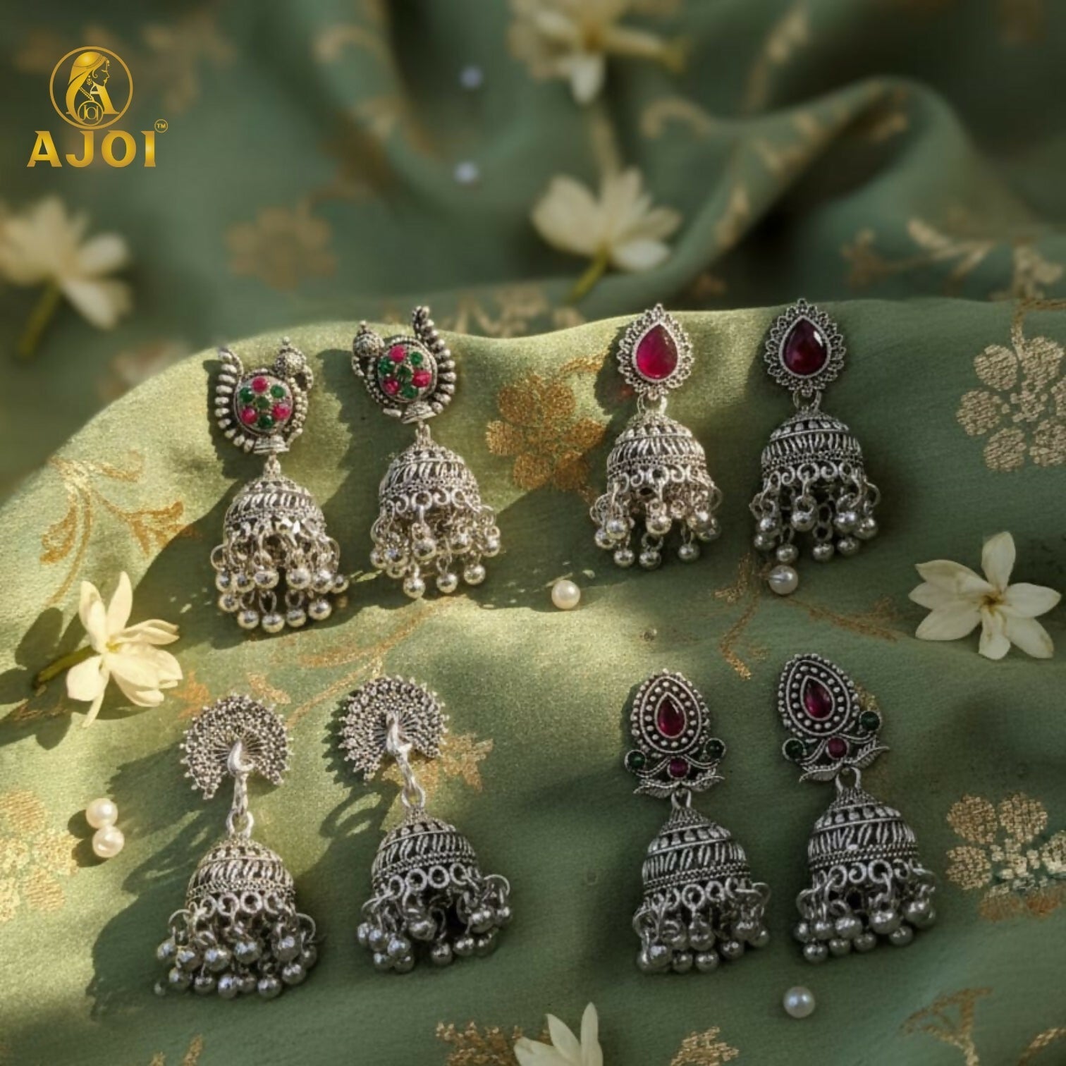 Oxidised Silver Jhumka Earrings Set – 4 Pairs with Intricate Stone Detailing