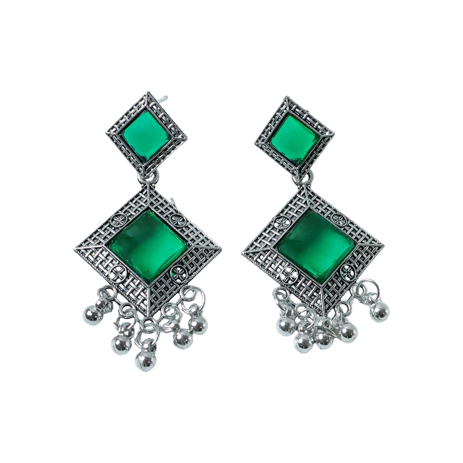 Oxidised Indian Earrings – Traditional Dangler with Green Monalisa Stones