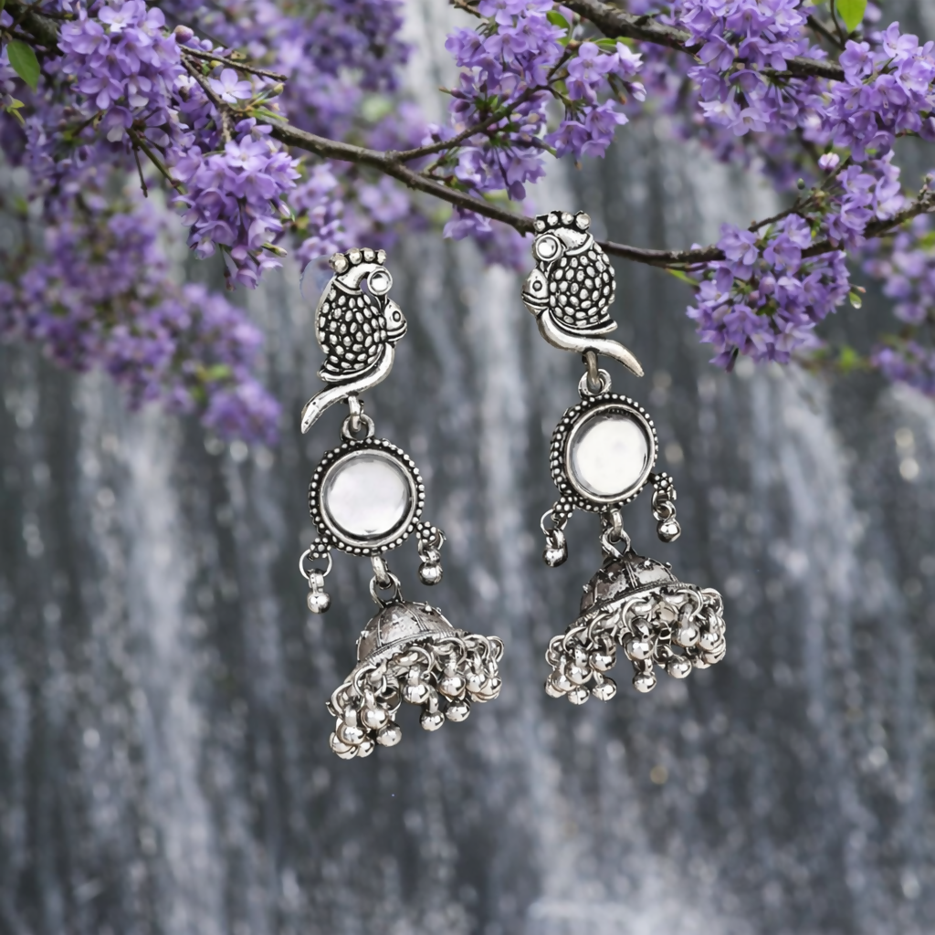 Peacock Jhumka Earrings – Oxidised Silver with Parrot Motif