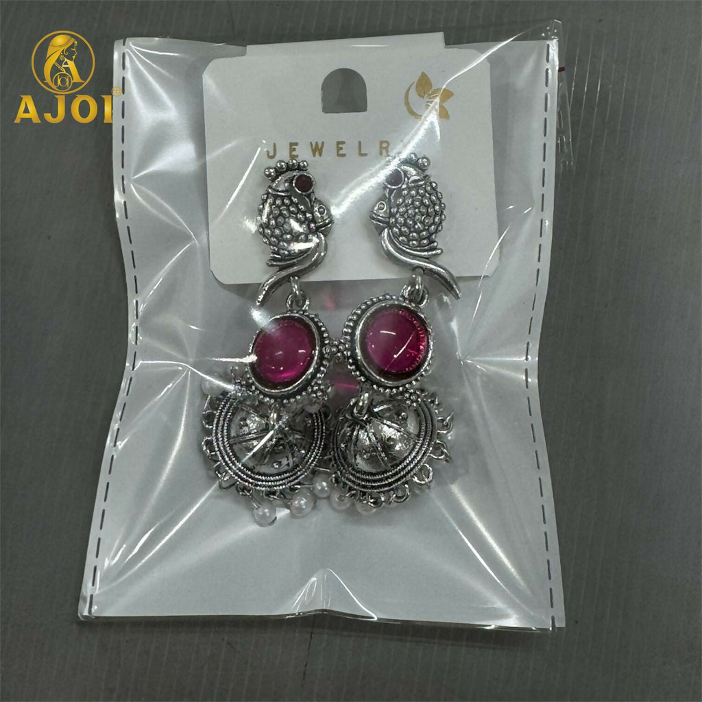 Peacock Jhumka Earrings – Antique Silver with Pink Stone & Pearl Drops