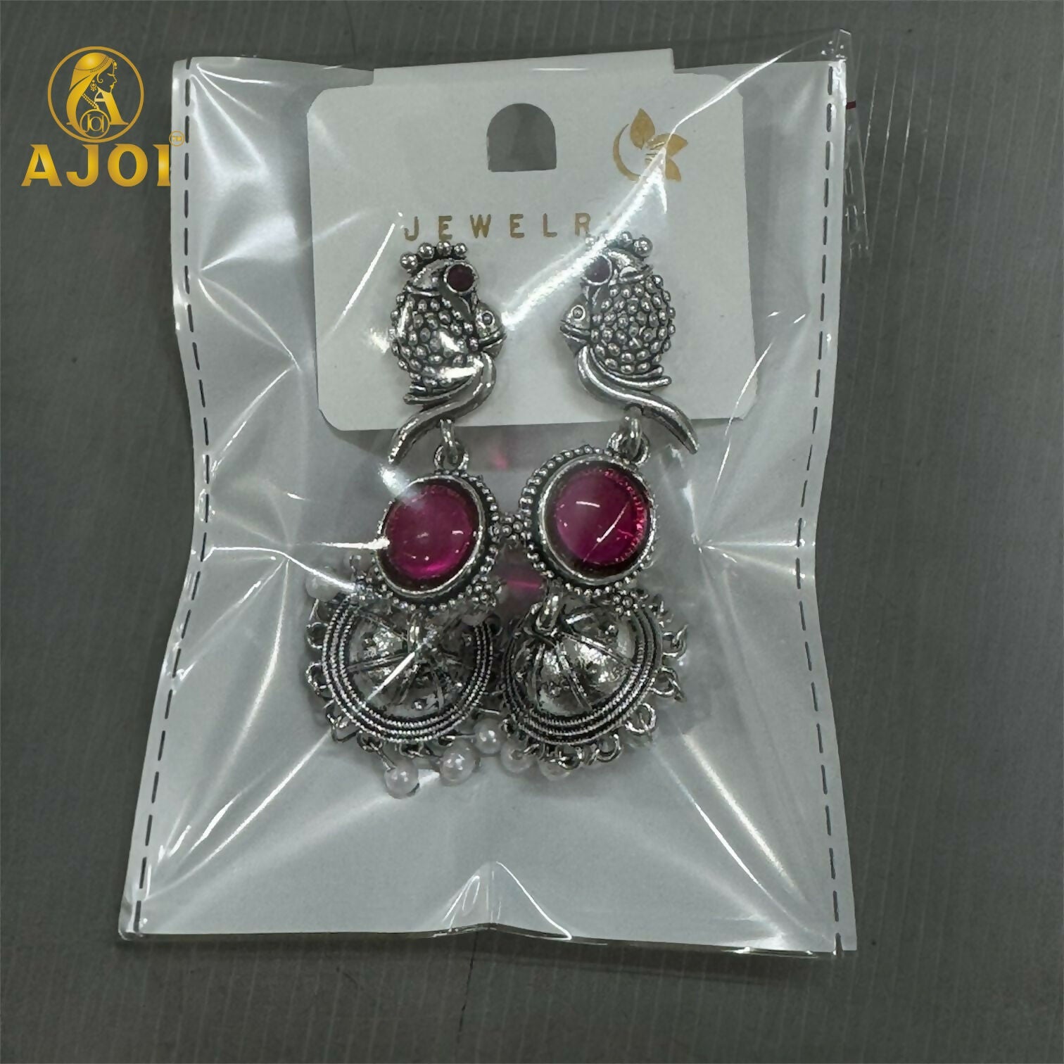 Peacock Jhumka Earrings – Antique Silver with Pink Stone & Pearl Drops