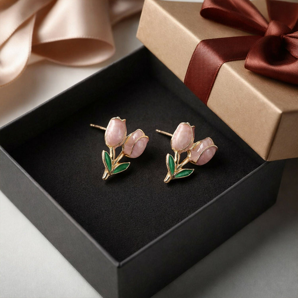 Pink Tulip Flower Stud Earrings – Elegant Korean Style Jewelry