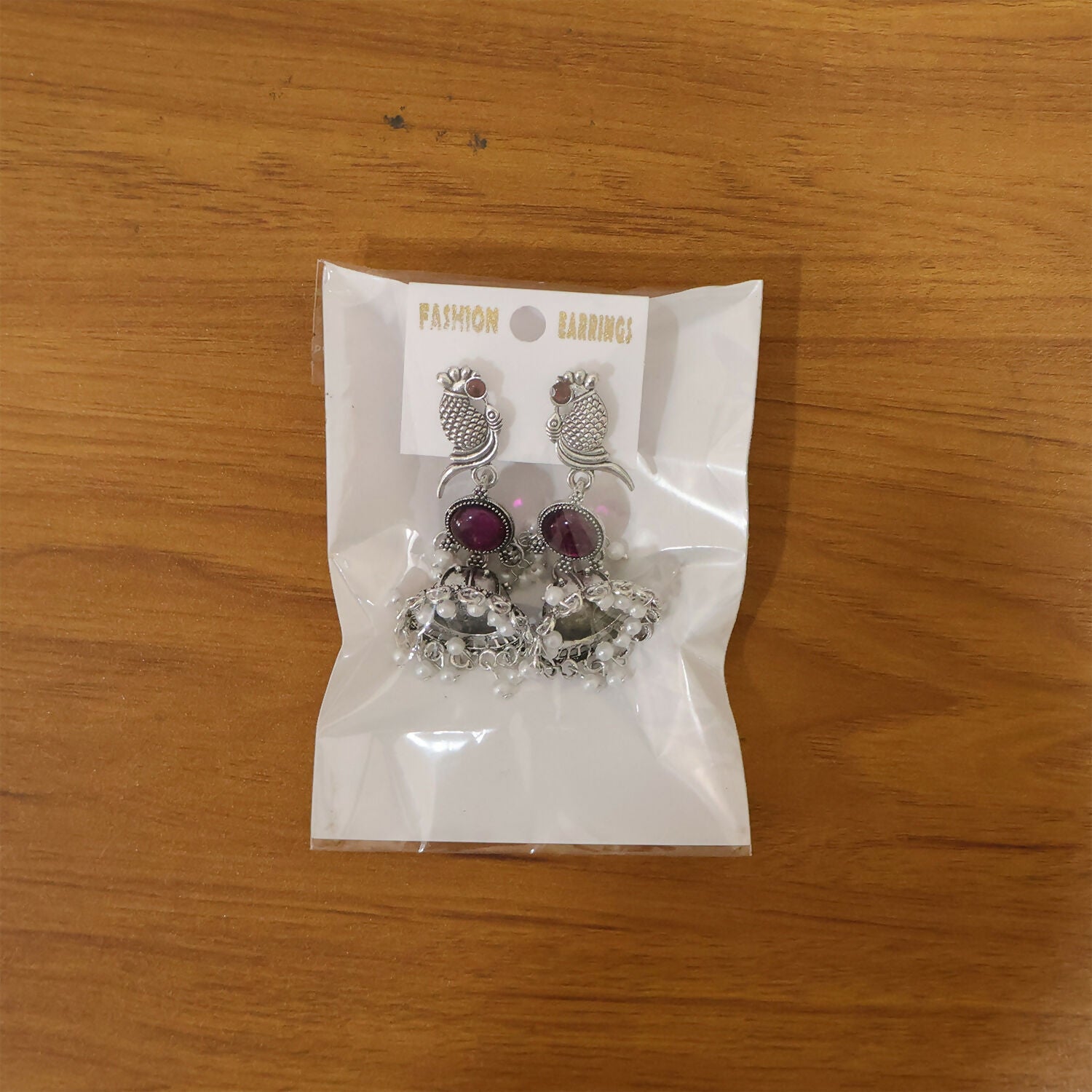 Oxidised Silver Peacock Jhumka Earrings with Pink Stone and Pearl Drops for Women
