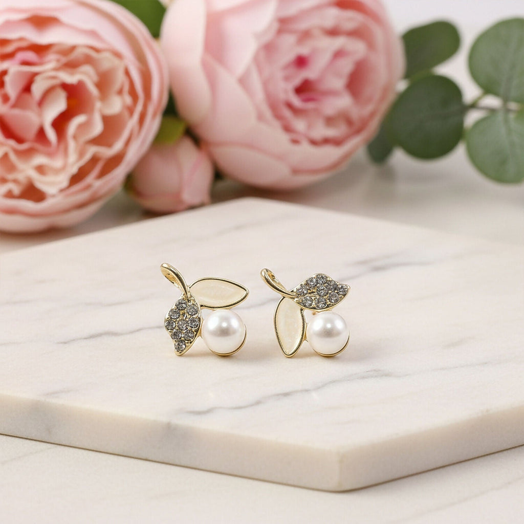 Korean Pearl Leaf Stud Earrings – Premium Gold Plated Elegance
