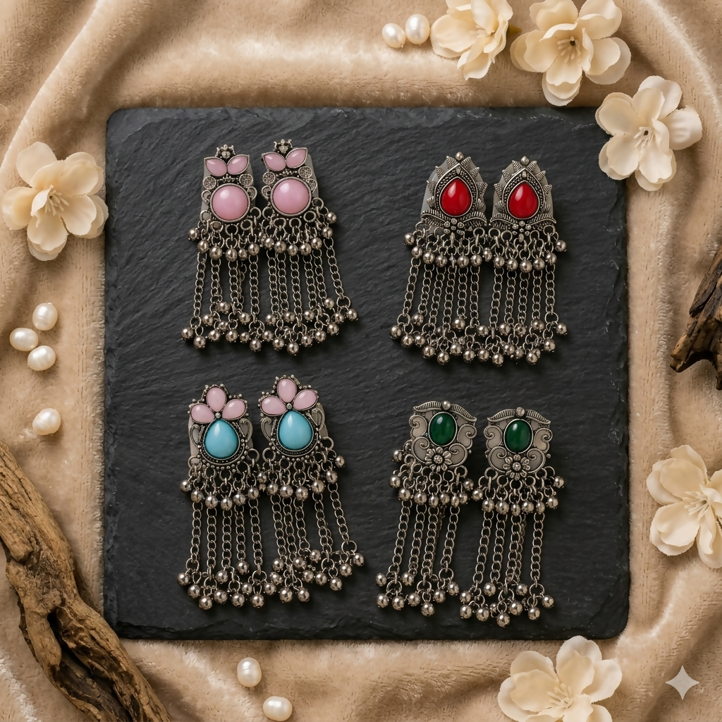 Oxidized Silver Tassel Earrings – Vintage Tribal Dangle for Women