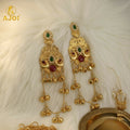 Kashmiri Traditional Gold-Plated Ghungroo Earrings with Green Ruby Stones
