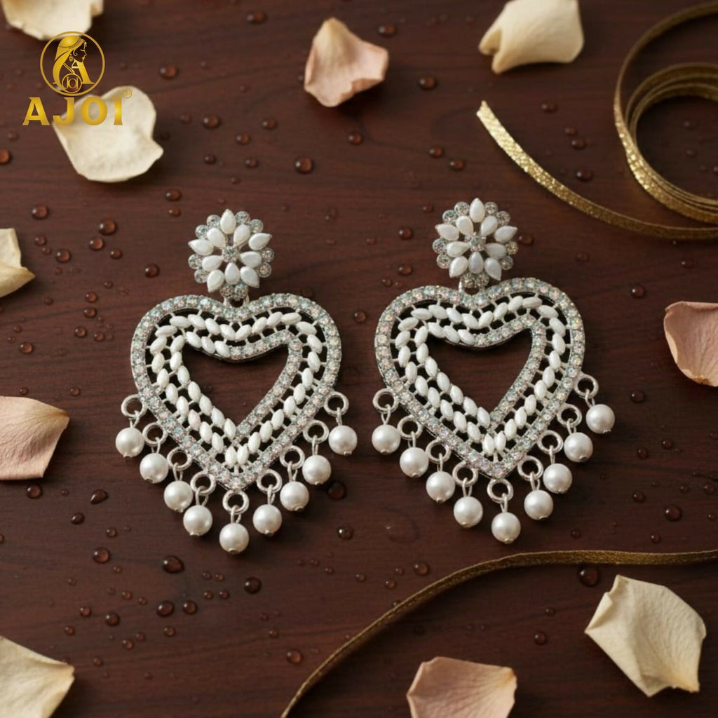 Heart-Shaped Pearl Drop Earrings – Elegant Silver Jewellery