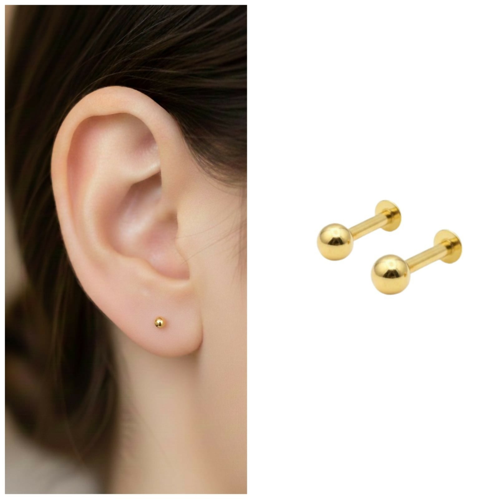 Gold Flat Back Stud Earrings – Comfortable Small Gold Ball Labret Pack