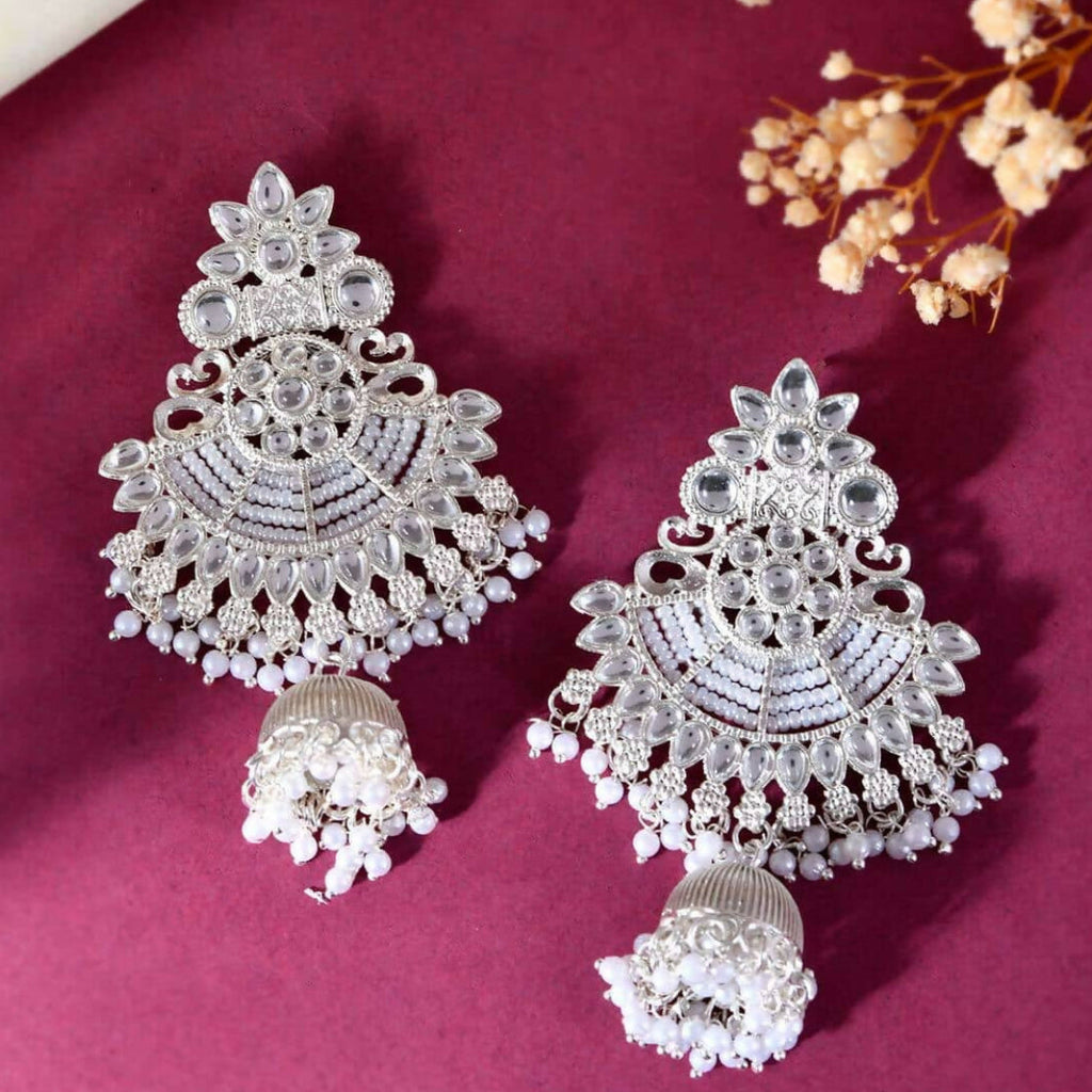 Kundan Jhumka Earrings – Silver-Toned Pearl Traditional Chandbali