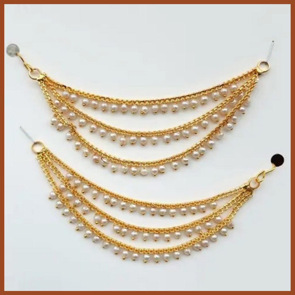 Gold Plated Ruby Emerald Stone Ear Chain – Traditional 3 Layer Drop Jewellery
